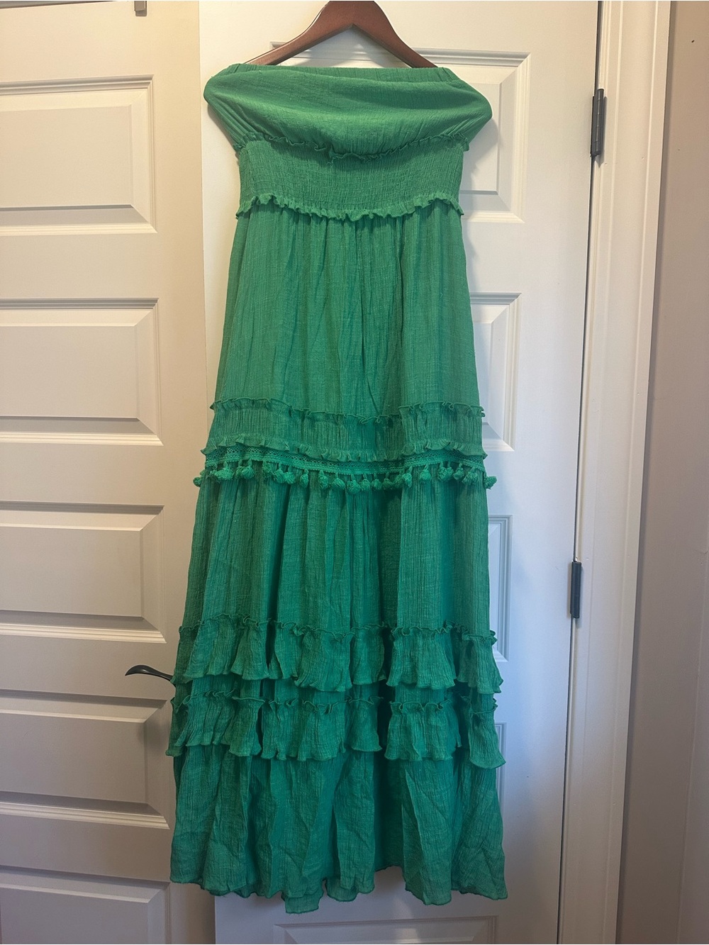 Green Strapless Maxi Dress with Ruffled Tiers